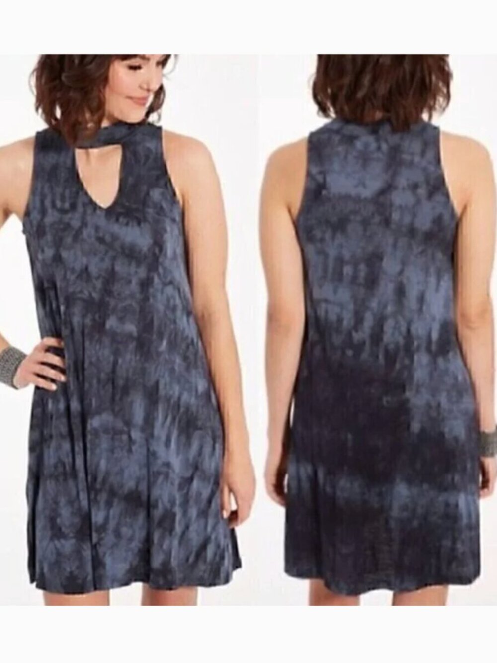 BRAEVE EVEREVER Tie Dye Swing Dress Blue Navy Sleeveless High Neck Cutout Mini